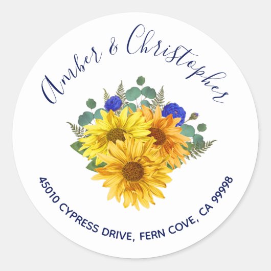 ひまわりブルーバラ結婚ズアドレス封筒用シール ラウンドシール (正面)