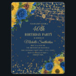 ひまわりブルーバラ金ゴールドグリッター40th誕生日 招待状<br><div class="desc">そしてエレガント金ゴールドグリッターとストリングラスタイリッシュイト付き黄色いヒマワリと青いバラと女性のための40歳の誕生日パーティの招待状ときらめく。</div>