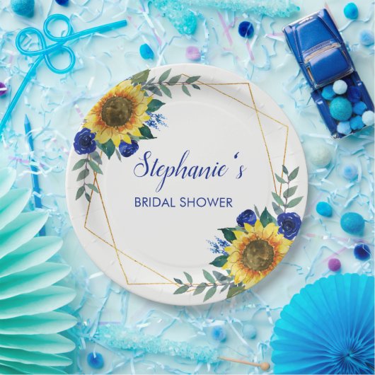 ひまわりブルーフローラ幾何学ブライダルシャワー ペーパープレート (パーティー)