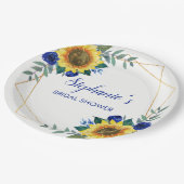 ひまわりブルーフローラ幾何学ブライダルシャワー ペーパープレート (アングル)