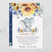 ひまわりブルーフローラ象の少年ベビーシャワー   サンキューカード (正面/裏面)