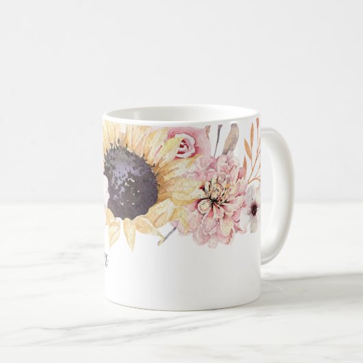 ひまわりブーケパーソナライズされたコーヒーマグ コーヒーマグカップ (正面右)