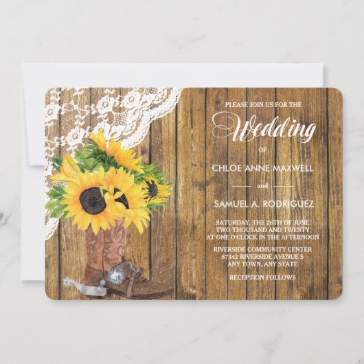 ひまわりブーツホワイトレースウッド結婚式招待状 招待状 (正面)