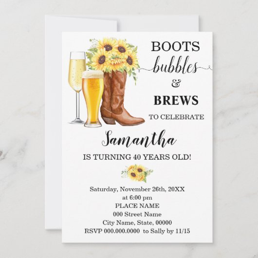 ひまわりブーツ泡とブリーズ大人誕生日 招待状 (正面)