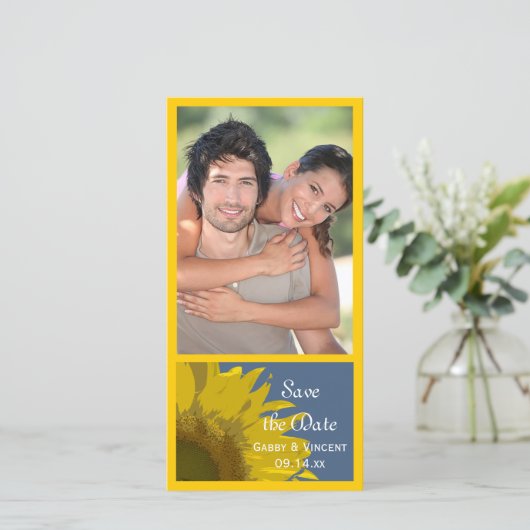 ひまわりプリントウェディング日付写真カードを保存 セーブザデート (スタンド正面)