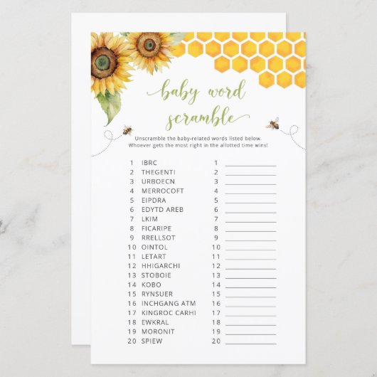 ひまわりベビー単語スクランブル赤ちゃんシャワーゲーム (正面/裏面)