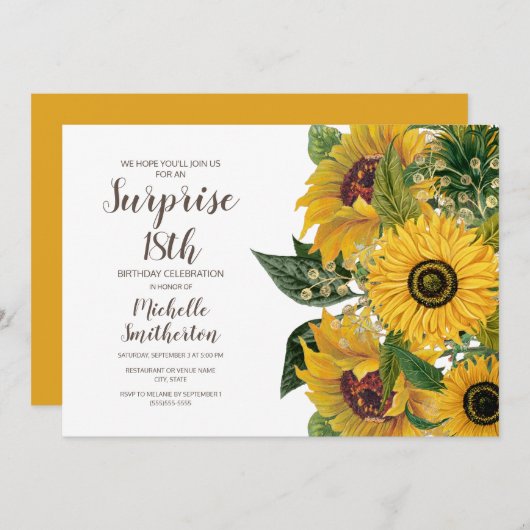 ひまわりホワイトイエローサプライズ18誕生日 招待状 (正面/裏面)