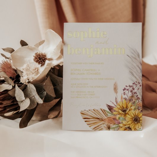 ひまわりボホパンパスドライフラワー結婚ズ金ゴールド 箔招待状