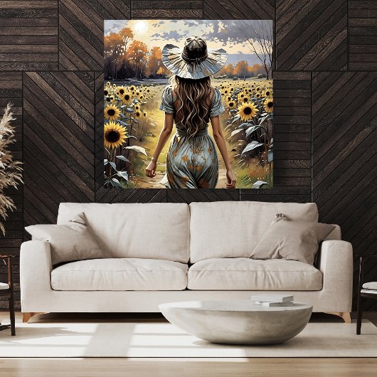 ひまわりポスターの中の美しい女性歩く ポスター