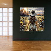 ひまわりポスターの中の美しい女性歩く ポスター