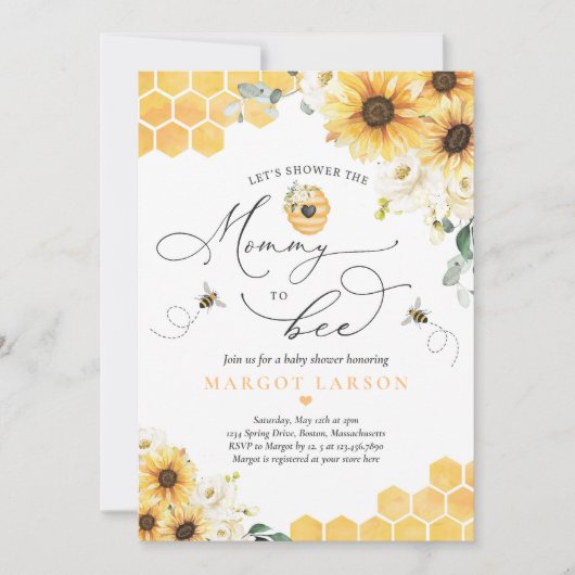 ひまわりミツバチ赤ちゃんシャワーママへミツバチ赤ちゃんシャワー 招待状 (正面)