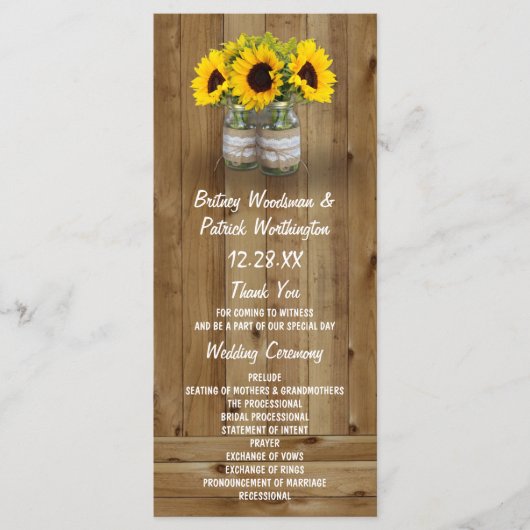 ひまわりメイソンジャーブラップ+レース結婚式 プログラム (正面)