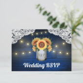 ひまわりメイソンジャールブルーウッドウェディングRSVPカード 出欠カード (スタンド正面)