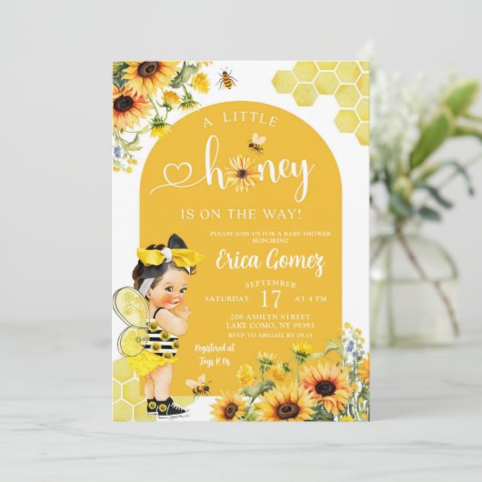 ひまわりメキシコの女の子ハニービー赤ちゃんシャワー 招待状 (スタンド正面)