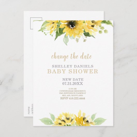 ひまわりモダンの赤ちゃんシャワー日付の変更 案内ポストカード (正面/裏面)