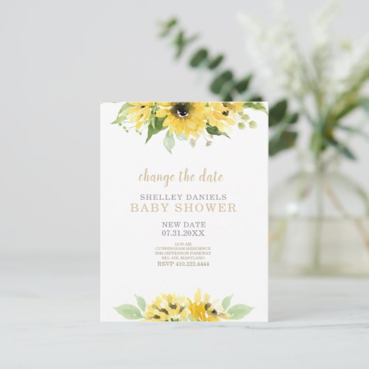 ひまわりモダンの赤ちゃんシャワー日付の変更 案内ポストカード (スタンド正面)