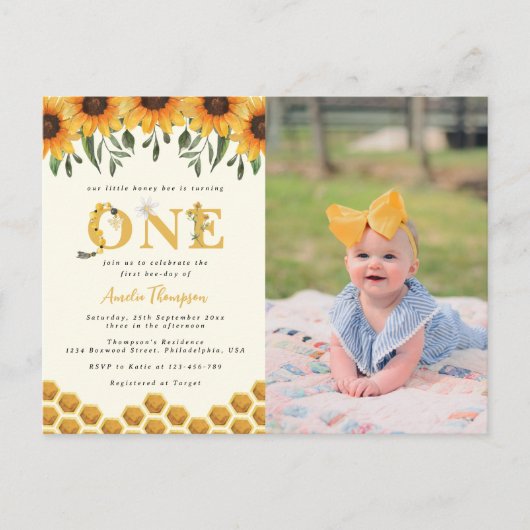 ひまわりモダンハニカムFirst Bee-day写真 インビテーションポストカード (正面)