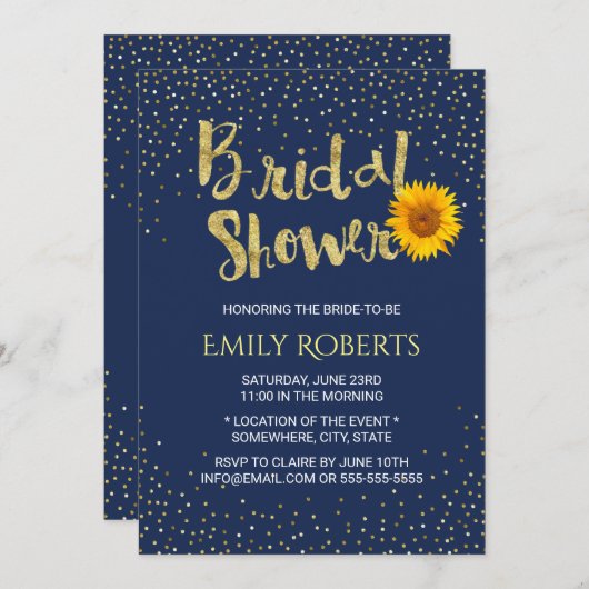 ひまわりモダンブライダルシャワーネイビーブルー 招待状 (正面/裏面)