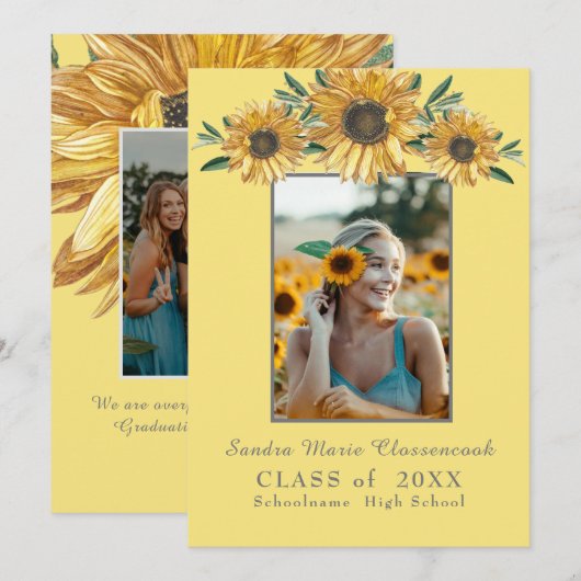 ひまわりモダン写真素朴黒卒業 案内状 (正面/裏面)