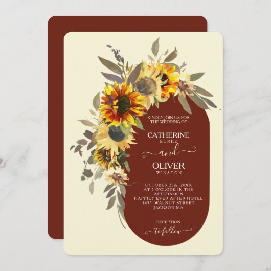 ひまわりモダン茶色イエロークリーム秋の結婚式 招待状 (正面/裏面)