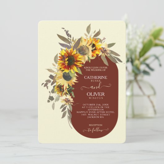ひまわりモダン茶色イエロークリーム秋の結婚式 招待状 (スタンド正面)