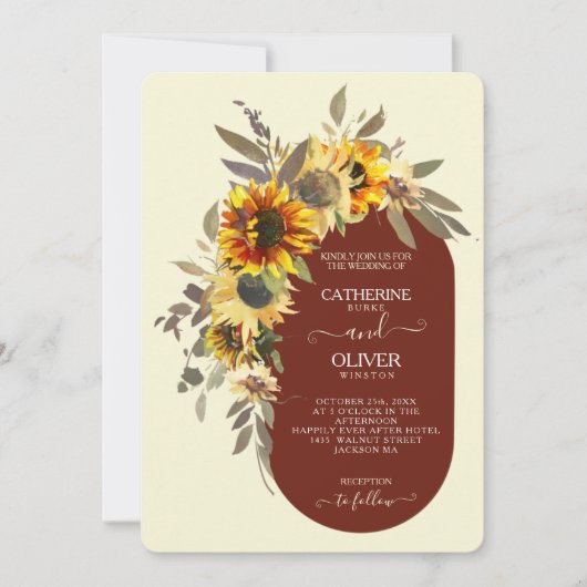 ひまわりモダン茶色イエロークリーム秋の結婚式 招待状 (正面)