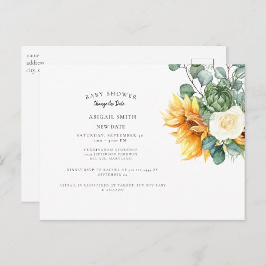 ひまわりモダン赤ちゃんシャワー日付の変更Annou 案内ポストカード (正面/裏面)