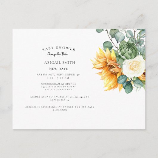 ひまわりモダン赤ちゃんシャワー日付の変更Annou 案内ポストカード (正面)