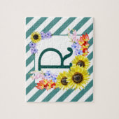 ひまわりモノグラムティール（緑がかった色）ストライプズ ジグソーパズル (縦)