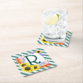 ひまわりモノグラムティール（緑がかった色）ストライプズ スクエアペーパーコースター (インサイチュ)