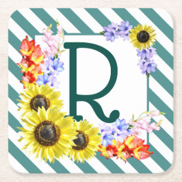 ひまわりモノグラムティール（緑がかった色）ストライプズ スクエアペーパーコースター