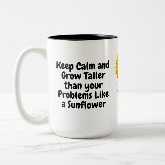 ひまわりユニークコーヒーマグと前向き引用文 ツートーンマグカップ (左)