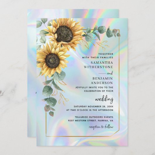 ひまわりユーカリプタホログラフィックQRコー結婚ドの 招待状 (正面/裏面)