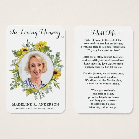 ひまわりユーカリ写真葬式祈りの言葉カード (正面&裏面)