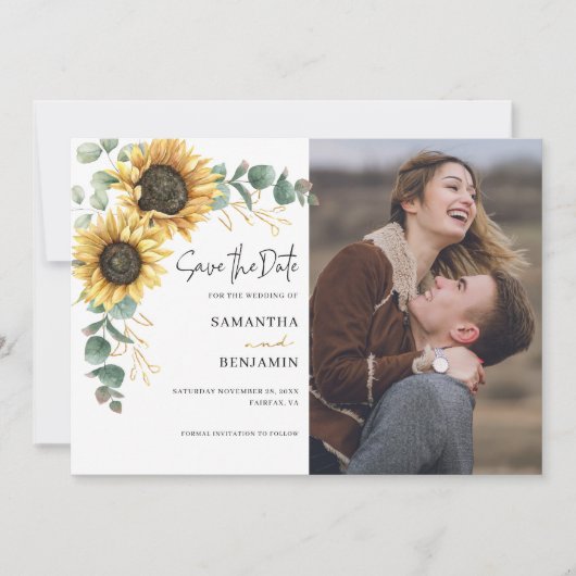 ひまわりユーカリ水彩写真結婚の セーブザデート (正面)