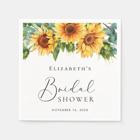 ひまわりユーカリ水彩色のウェディングシャワー スタンダードカクテルナプキン (正面)