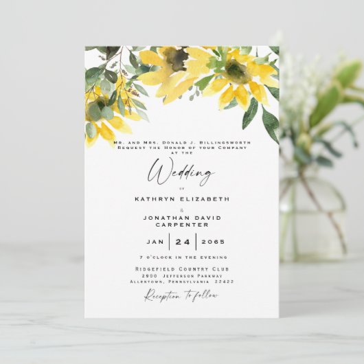 ひまわりユーカリ水彩&イエロー 招待状 (スタンド正面)