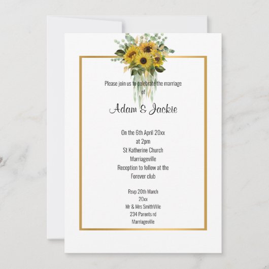 ひまわりユーカリ金ゴールドトリムエレガントな結婚式 招待状 (正面)