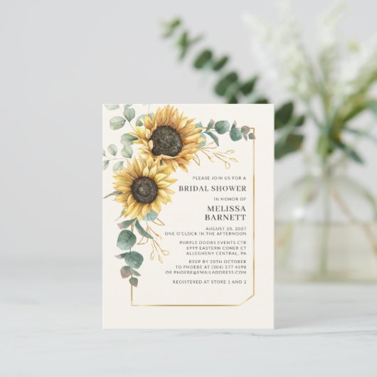ひまわりユーカリ金ゴールド枠ブライダルシャワー インビテーションポストカード (スタンド正面)