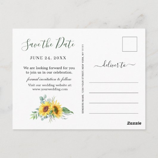 ひまわりユーカリ3枚写真 ウェディング セーブ・ザ・デート ポストカード (裏面)