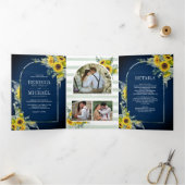 ひまわりユーカリ アーチ ネイビーブルー ウッド ウェディング 三つ折り招待状 (内部)