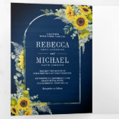 ひまわりユーカリ アーチ ネイビーブルー ウッド ウェディング 三つ折り招待状 (内部最初)