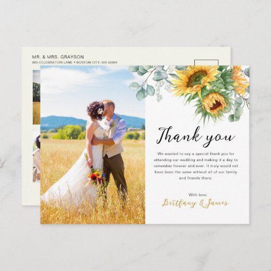 ひまわりユーカリ 4 枚の写真 結婚式のお礼 ポストカード (正面/裏面)