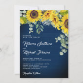 ひまわりユーカリQRコードネイビーブルーの結婚式 招待状 (正面)