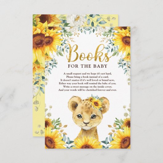 ひまわりライオンの子どもの赤ちゃんシャワーブックスベビー エンクロージャーカード (正面/裏面)