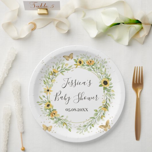 ひまわりリースかわいい蝶と赤ちゃんシャワー ペーパープレート (ウェディング)