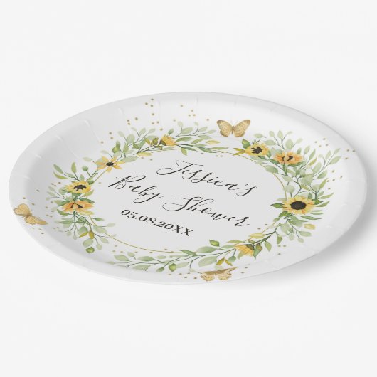 ひまわりリースかわいい蝶と赤ちゃんシャワー ペーパープレート (アングル)