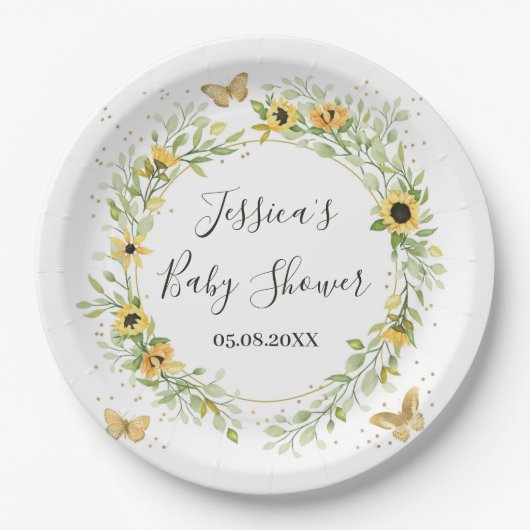 ひまわりリースかわいい蝶と赤ちゃんシャワー ペーパープレート (正面)