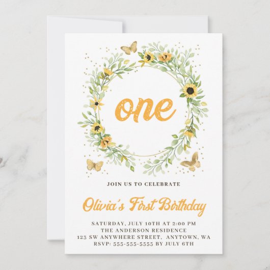 ひまわりリースかわいい蝶誕生日 招待状 (正面)