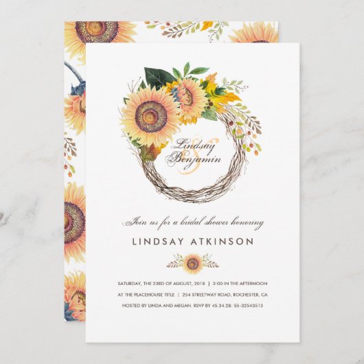ひまわりリース素朴秋ブライダルシャワー 招待状 (正面/裏面)